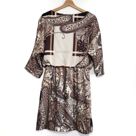 Maggy London | Drapey Mixed Pattern 3/4 Sleeve Silky Dress with Pockets - Picture 2 of 8